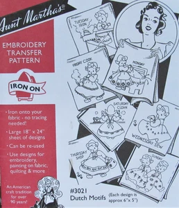 Aunt Marthas 3021 DUTCH MOTIFS Days of Week Towels Embroidery Transfer Pattern - Picture 1 of 1