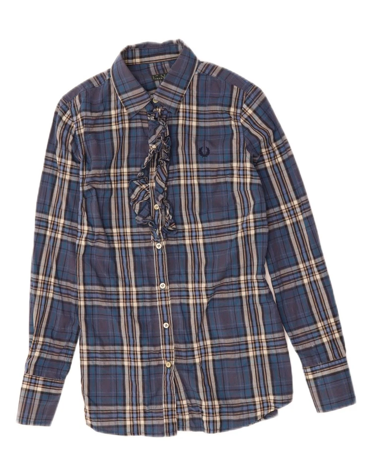 Camisa FRED PERRY Mujer Volantes Frontales Reino Unido 12 Mediana Azul Cuadros Algodón AT07 Foto 1 de 3