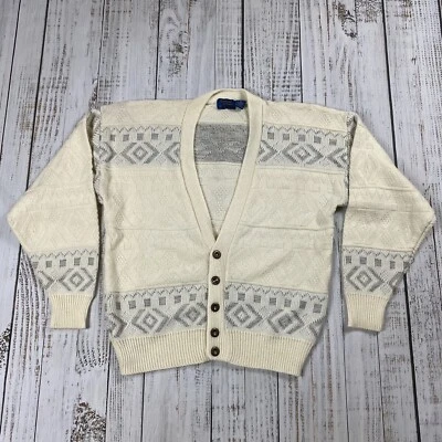 VTG 80S GRANDPA CARDIGAN SWEATER IVORY GREY ACRYLIC SWEATER MENS MEDIUM RETRO - Image 1 of 4