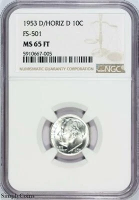1953 年 D RPM FS-501 罗斯福 Dime NGC 评级 MS65 英尺 D/HORIZ D 全火炬带 FB — 第 1/2 张图片