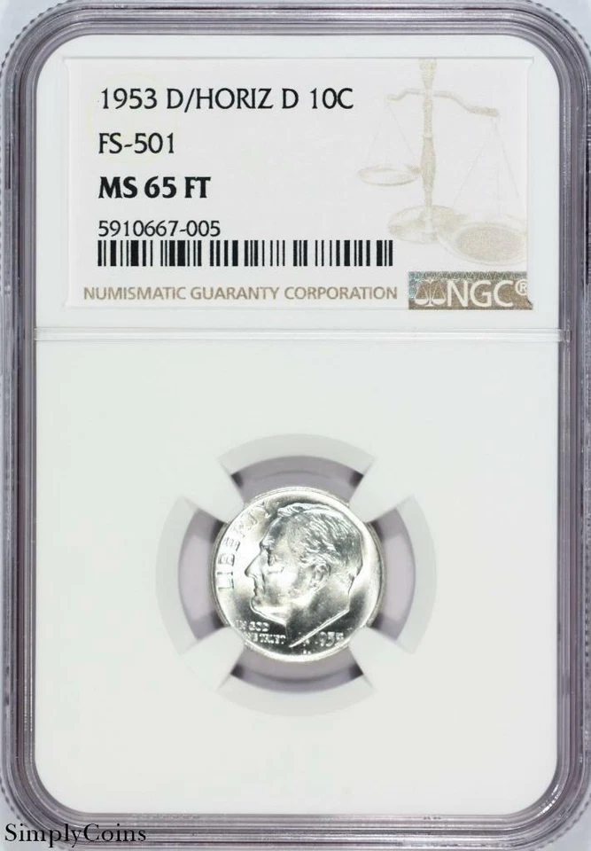 Moneda de diez centavos Roosevelt 1953-D RPM FS-501 NGC MS65 FT D/HORIZON D banda de antorcha completa FB Foto 1 de 2