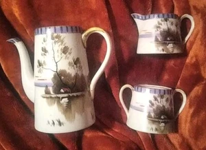 Japanese Hand Painted Rural Landscape/Serenity Swan & Cabin Tee Server Set - Picture 1 of 13