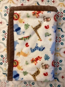 Carter’s White Jungle Safari Baby Blanket Brown Trim Elephant Giraffe Turtle Etc - Picture 1 of 4