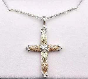 Black Hills Gold Sterling Silver Cross Pendant with Chain FAST SHIPPING - Picture 1 of 3