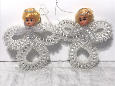 Vintage Handmade Angel Bead and Lace Christmas Ornament White 4.5 inches Set