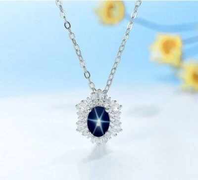 6 Ray Star Sapphire Pendant Blue Sapphire Necklace in 925 Sterling Silver - Image 1 of 3