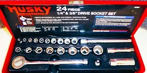 Vtg Husky Professional 1/4 & 3/8 Dr. 24pc SAE Socket Set 40005 USA Red Metal Box - Picture 1 of 13