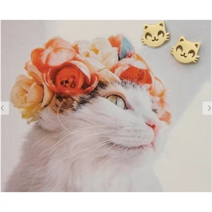 New Gold Feline Sweet Kitty Cat Kitten Face Surgical Post Pierced Earrings - Picture 1 of 2