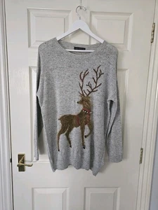 M&S Christmas Reindeer Jumper Size Large Grey Narl Bells Wool Blend Festive - Picture 1 of 9