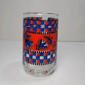 Retro 50er Jahre Longdrinkglas rot, blau kariert floral MCM 4 3/4" hoch - Bild 1 von 7