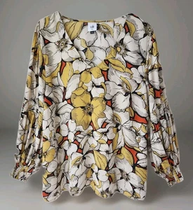 Cabi 3954 Blouse XXL Yellow Floral Bold Print V Neck Long Bishop Sleeve Top - Picture 1 of 12