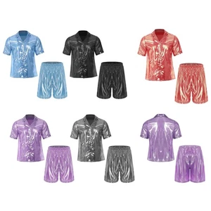 Mens Shirt Shiny Tracksuit Pajamas Outfits T-shirt Costume Collar Shorts Adult - Picture 1 of 78