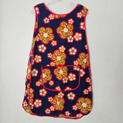 Vintage Floral Apron Navy Blue Red Trim Pocket Work Kitchen Garden Boho - Image 1 of 4