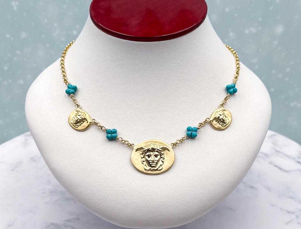 TAGLIAMONTE Designs(1782N) 925SS/YGP Cameo Necklace w/ Turquoise*Medusa*Reg.$300 - Image 1 of 4