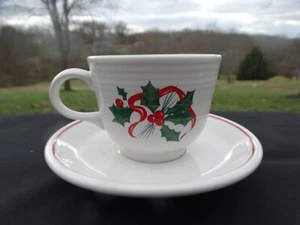 Post 86 Fiesta Ware Retired Holiday Fiesta Holly Ribbon Cup & Saucer Set NOS - Picture 1 of 10