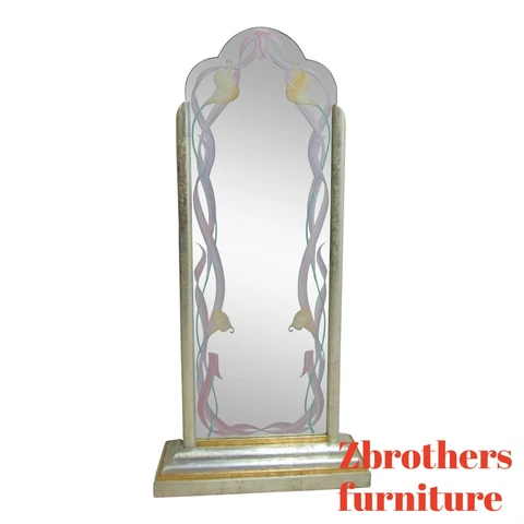 Custom Art Nouveau Style Reverse Painted Gold Silver Leaf Dressing Cheval Mirror Cover