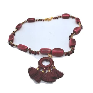 Beautiful Boho Artisan Fuschia Tassel Pendant Beaded Necklace 18" - Picture 1 of 3