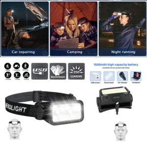 Waterproof COB LED Headlamp Motion Sensor Head Torch USB Rechargeable Headlight - Picture 1 of 14