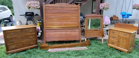 Antique 1800s Oak Bedroom Suit Bed, Wash Stand, Dresser W/ Mirror Cover