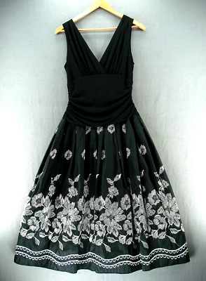 Vestido SL Fashions para mujer 8 negro blanco midi cuello en V sin mangas bordado floral Foto 1 de 4