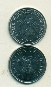 2 NICE AU-UNC 1 BOLIVIANO COINS from BOLIVIA DATING 2008 & 2012 - Picture 1 of 2