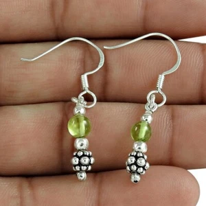 Round Peridot Stone 925 Solid Silver August Dangle Drop Hook Earrings Jewelry - Picture 1 of 4
