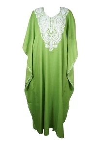 Spring Green Embroidered Kaftan Maxi dress Boho Hippie Gypsy Cotton Caftan L-3X - Picture 1 of 3