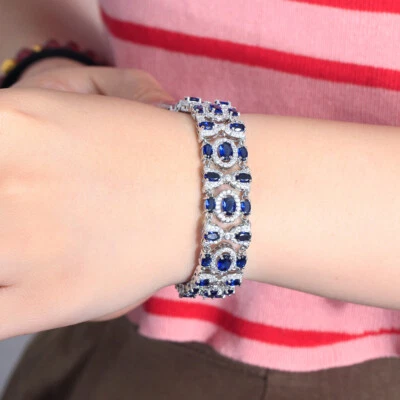 Blue Oval Cubic Zirconia Silver Plated Wide Tennis Bracelet Women Bridal Jewelry Foto 1 de 4
