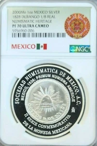 2000 MEXICO SILVER 1828 DURANGO 1/8 REAL NGC PF 70 ULTRA CAMEO EXTREMELY RARE - Picture 1 of 7