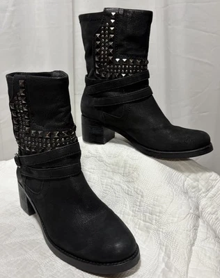 Vince Camuto Black Leather Boots Size 8.5 M Mid Calf Pull on 2” Block Heel - Image 1 of 4