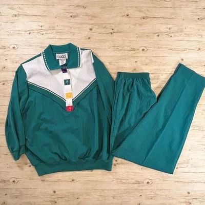 Vintage 80s 90s Teddi Women’s L Colorblock 2-Piece Outfit Top Pants Teal w/flaw - Image 1 of 4