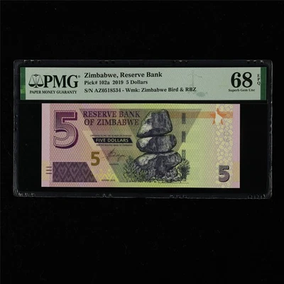 2019 Zimbabwe Reserve Bank 5 Dollars Pick#102a PMG 68 EPQ Superb Gem UNC 02 - Image 1 of 4