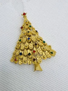 Vintage signierte JJ Jonette goldfarbene Strass Weihnachtsbaum Anstecknadel Brosche - Bild 1 von 6
