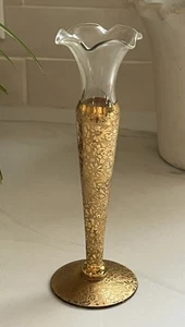 "Florero vintage RansGil cristal brote dorado estampado floral borde festoneado 6""" - Imagen 1 de 7