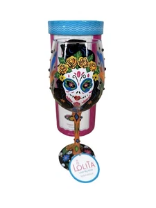 Copa de vino Lolita “Sugar Skulls” pintada a mano – Día de Muertos – con caja 15 oz - Imagen 1 de 3