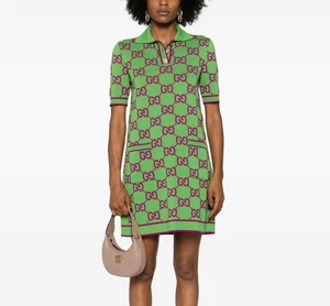 Gucci Green & Purple GG Monogram-Jacquard Polo Mini Dress, Size M - Picture 1 of 15