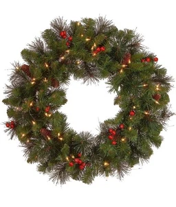 New National Tree Company PreLit Artificial 24”Christmas Wreath Crestwood Spruce - Picture 1 of 4