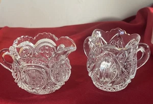 Pressed Glass Open Sugar & Creamer w/ Saw Tooth Rim Set ~ VIntage ~ Exc Cond - Picture 1 of 11