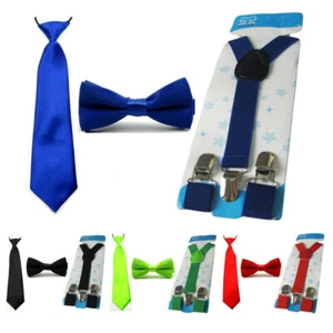 Child Kid Boy Tie Necktie Bowtie Elastic Y-Back Stretchy Suspender Brace Set - Picture 1 of 7