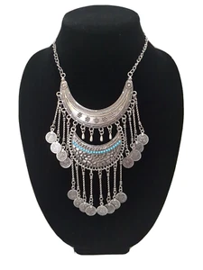 Southwestern Style Bib Necklace Faux Turquoise Dangling Strands Silver Tone - Picture 1 of 7