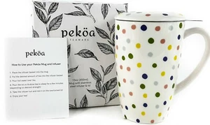 Taza y tapa de cerámica Pekoa de 15 oz de alto con infusor de acero inoxidable lunares coloridos NUEVO - Imagen 1 de 9