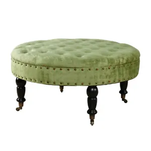 Large Upholstered Tufted Button Velvet Round Ottoman Coffee Table Caster Wheels - Picture 1 of 186
