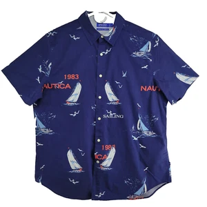 Camisa informal elástica con estampado de velero azul talla L de calce clásico Nautica para hombre - Imagen 1 de 8