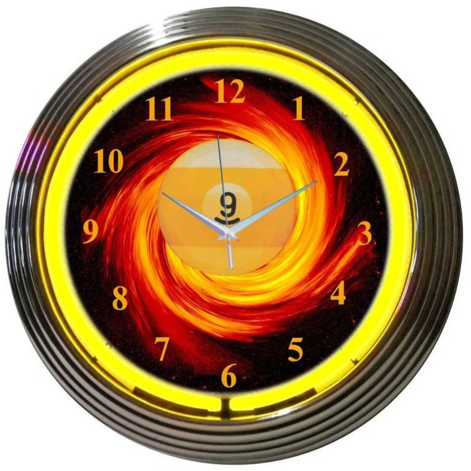 9 Ball Fire Neon Clock Billiards Pool Gameroom Basement Mancave Wall Art Decor - Image 1 of 1