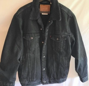 Levi Strauss Premium Relaxed Fit Sherpa gefütterte Trucker-Jacke schwarz Denim neu mit Etikett - Bild 1 von 14