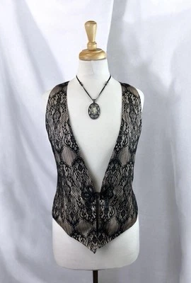 Black Flower Lace Vest Fairycore Whimsigoth Steampunk Formal Party Evening Wear - Image 1 of 4
