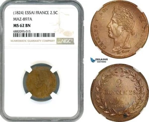 AJ329, France, Charles X, Essai 2 1/2 Centimes ND (1824) NGC MS62BN, Pop 1/1 - Picture 1 of 1