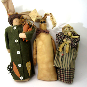 3 handmade folk art primitive Bunny Rabbit weighted shelf mantle dolls OOAK art