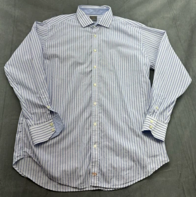 Camisa social masculina listrada manga longa Thomas Dean manga comprida XXL punho flip azul branco - Imagem 1 de 4