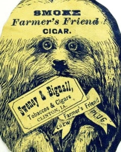 1870 Smoke Farmer's Friend Cigar Sweney & Bignall Clinton, IA Troquelado Perro P115 - Imagen 1 de 3